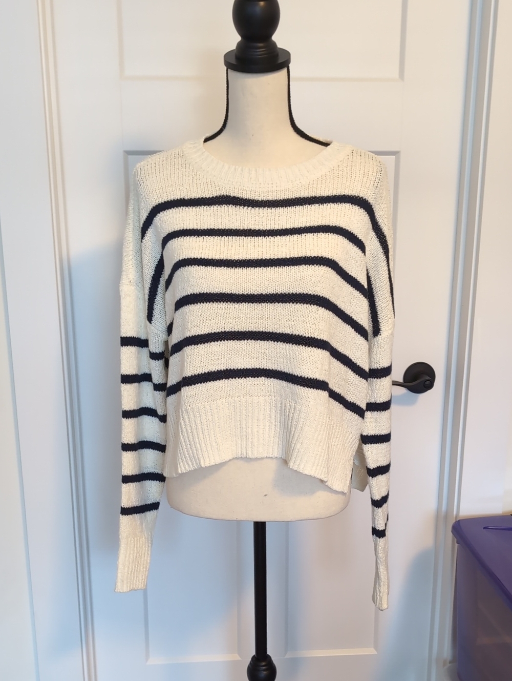 C&C California White Crewneck Sweater with Navy Stripes